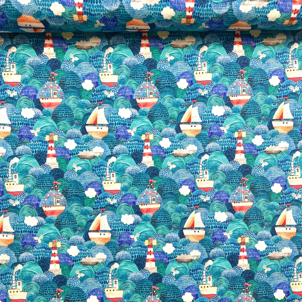 Baumwolljersey kleine Boote auf hoher See Blau
