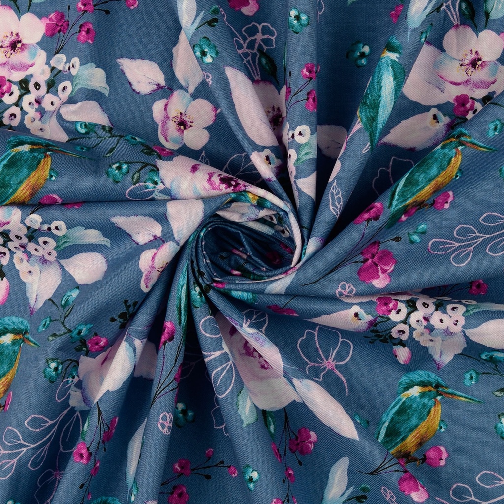 Baumwollgewebe Kolibri Blumen keansblau pink