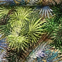 Baumwolljersey blau grün Leo und Palmenblätter