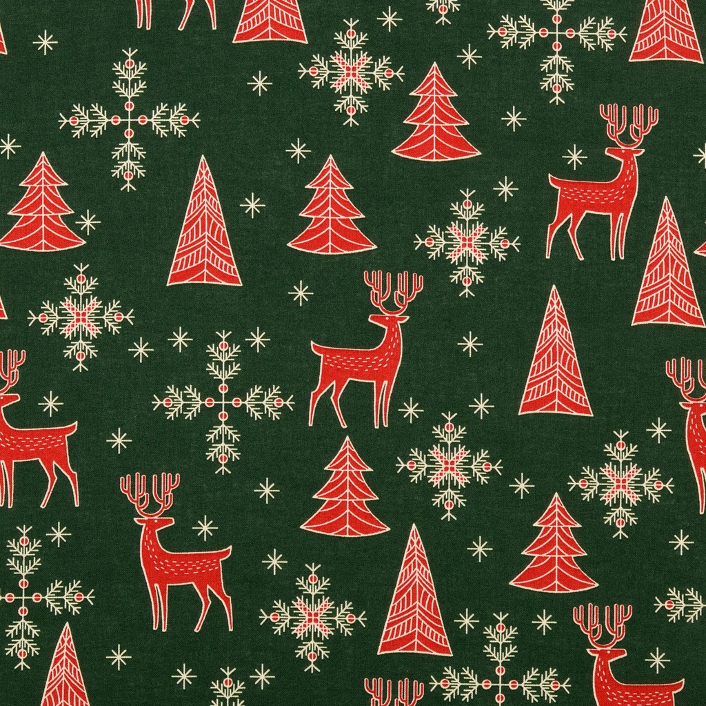 Baumwollgewebe Weihnachten Hirsch und Tannen dunkelgrün rot