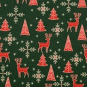 Baumwollgewebe Weihnachten Hirsch und Tannen dunkelgrün rot