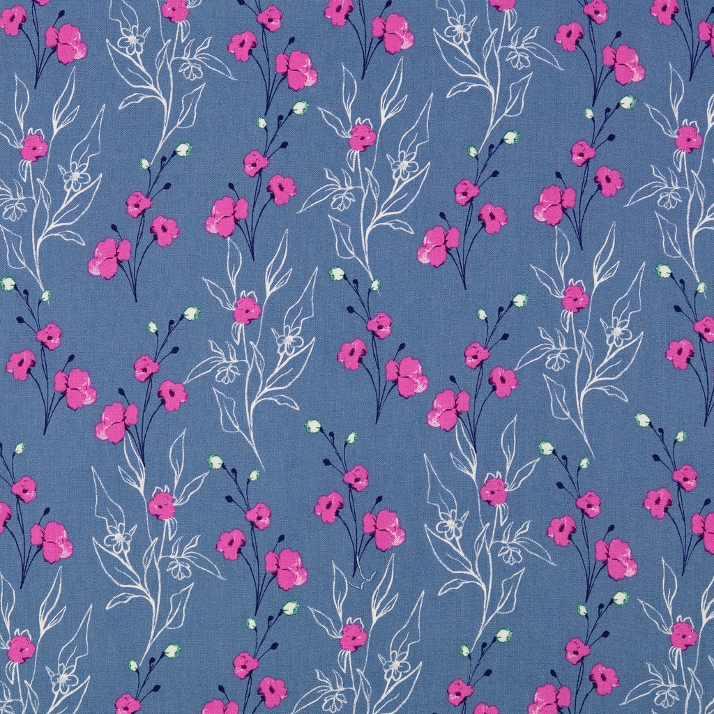 Baumwollgewebe kleine Blumen jeansblau pink