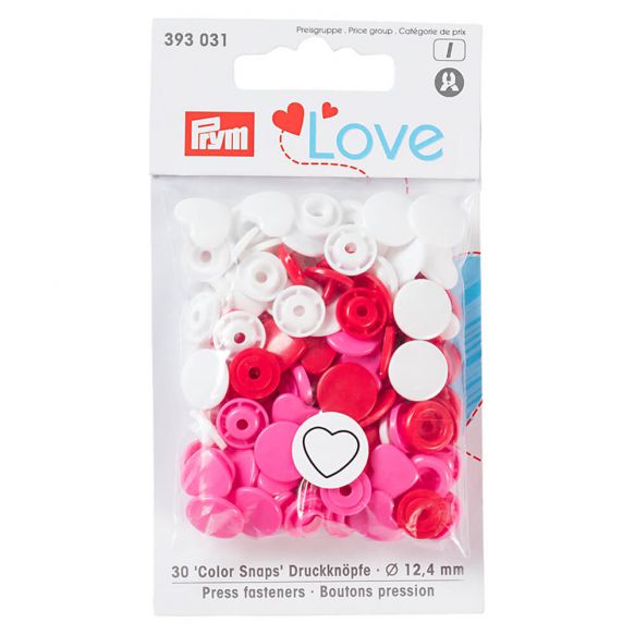 Prym Love 30 Stück &quot;Color Snaps&quot; Nähfrei-Druckknöpfe, Herz, 12,4mm, weiß, rot, rosa