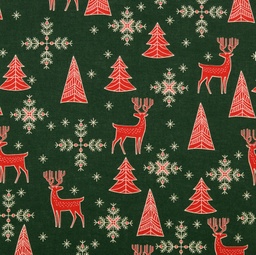 [43489] Baumwollgewebe Weihnachten Hirsch und Tannen dunkelgrün rot