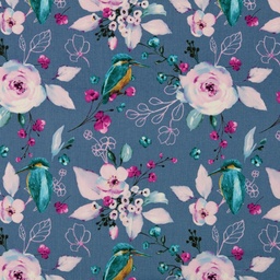 [43543] Baumwollgewebe Kolibri Blumen jeansblau pink